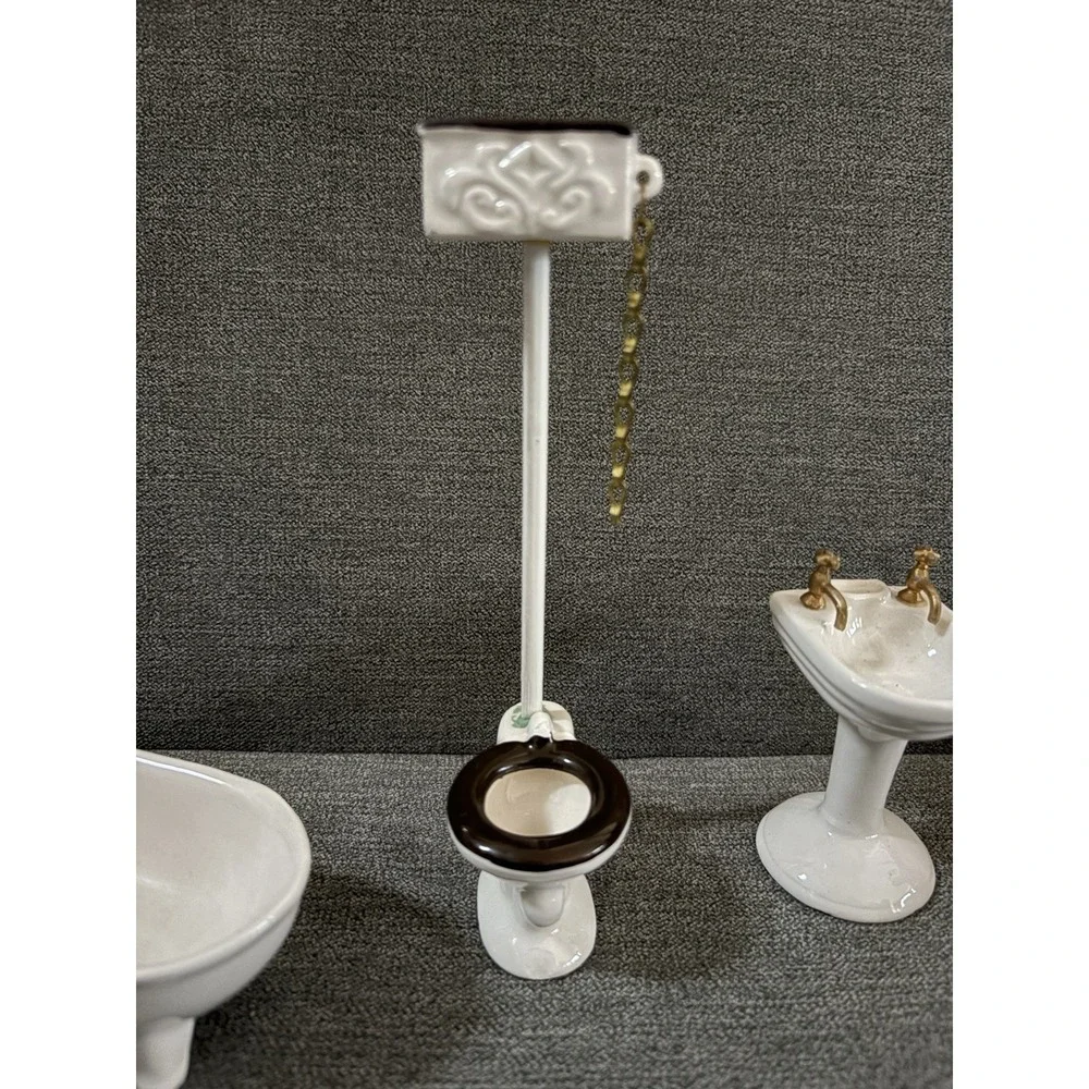 VTG Dollhouse Miniature Realistic Bathroom Set 3 Pieces Clawfoot Tub Toilet Sink